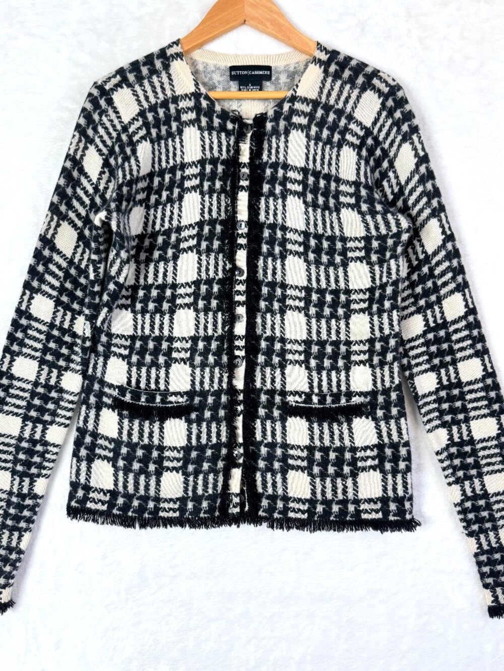 SUTTON STUDIO Cashmere Plaid Preppy Frayed Trim Feminine Office Cardigan S
